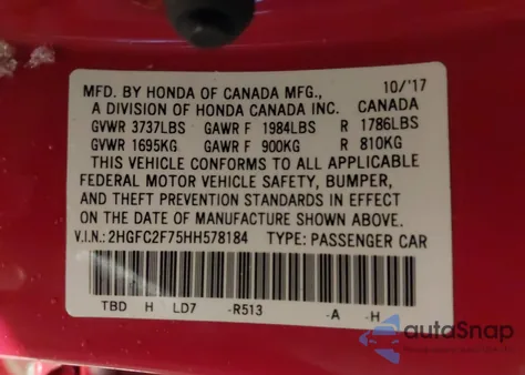 2017 Honda Civic Ex z USA, uszkodzony, nr VIN 2HGFC2F75HH578184